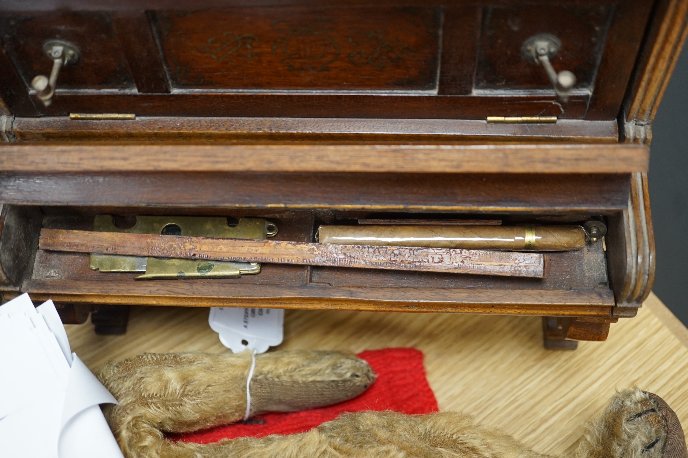 A novelty miniature mahogany upright piano and an inlaid mahogany tray, 39cm long